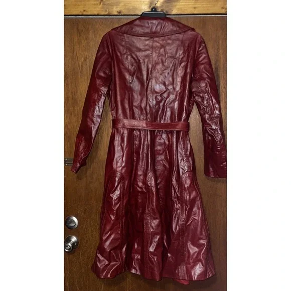 Vintage 100% Leather Suburban Heritage Trench Coat Red Wine 70's? Size 16 Belted - Picture 7 of 8